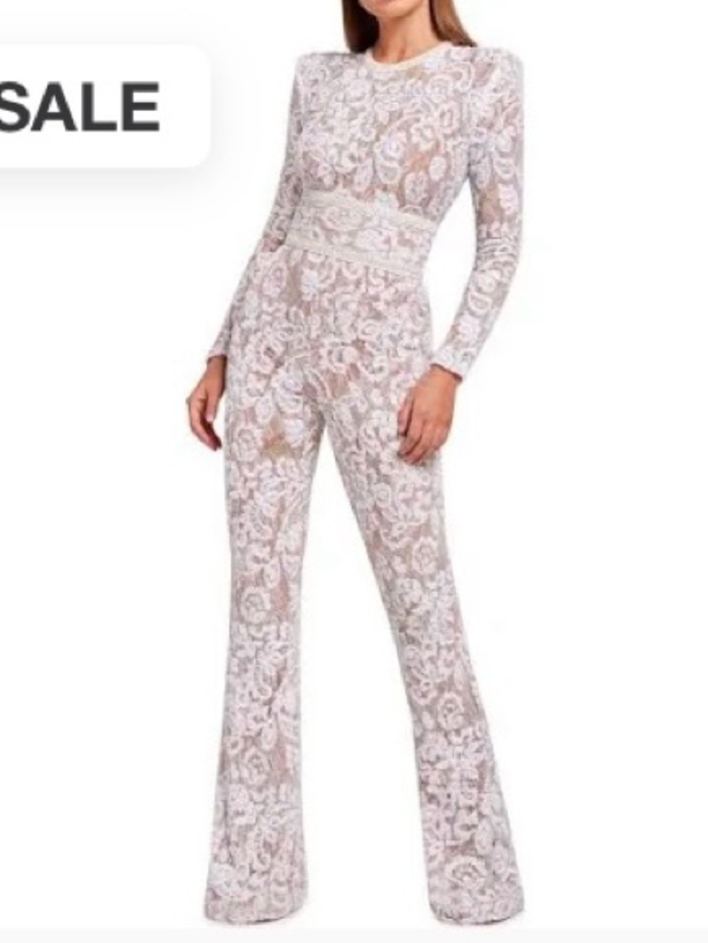 NADINE MERABI White Lace Long-Sleeve Flared Jumpsuit